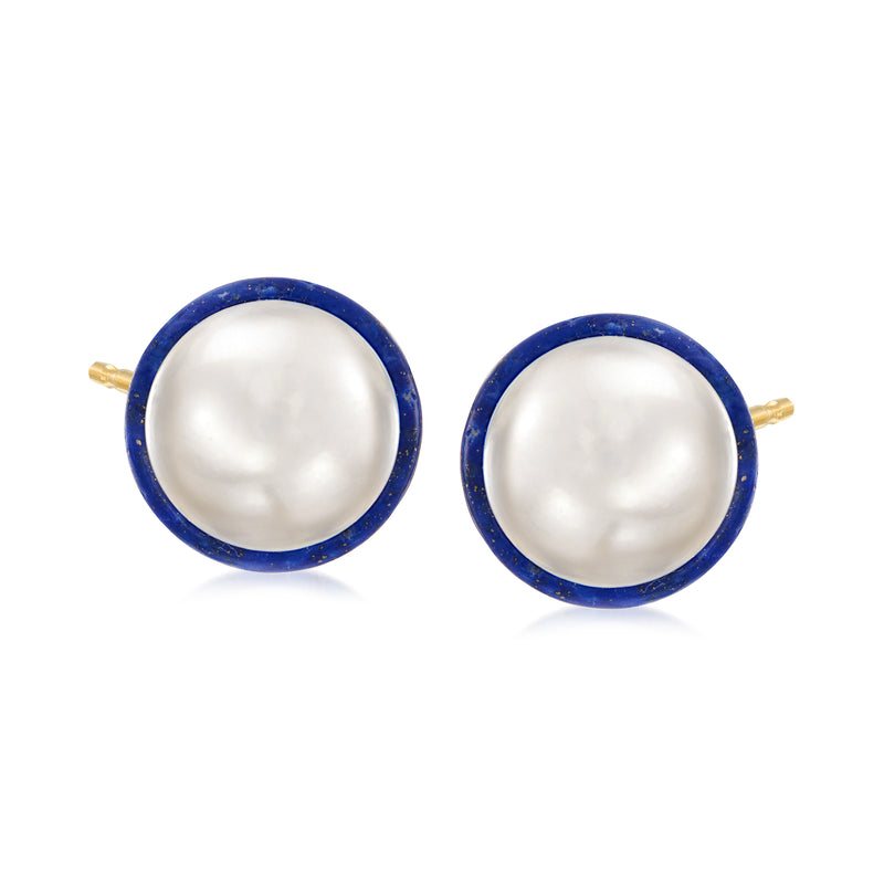 Cultured pearl and lapis stud earrings, blue bezel with round white pearls in yellow gold