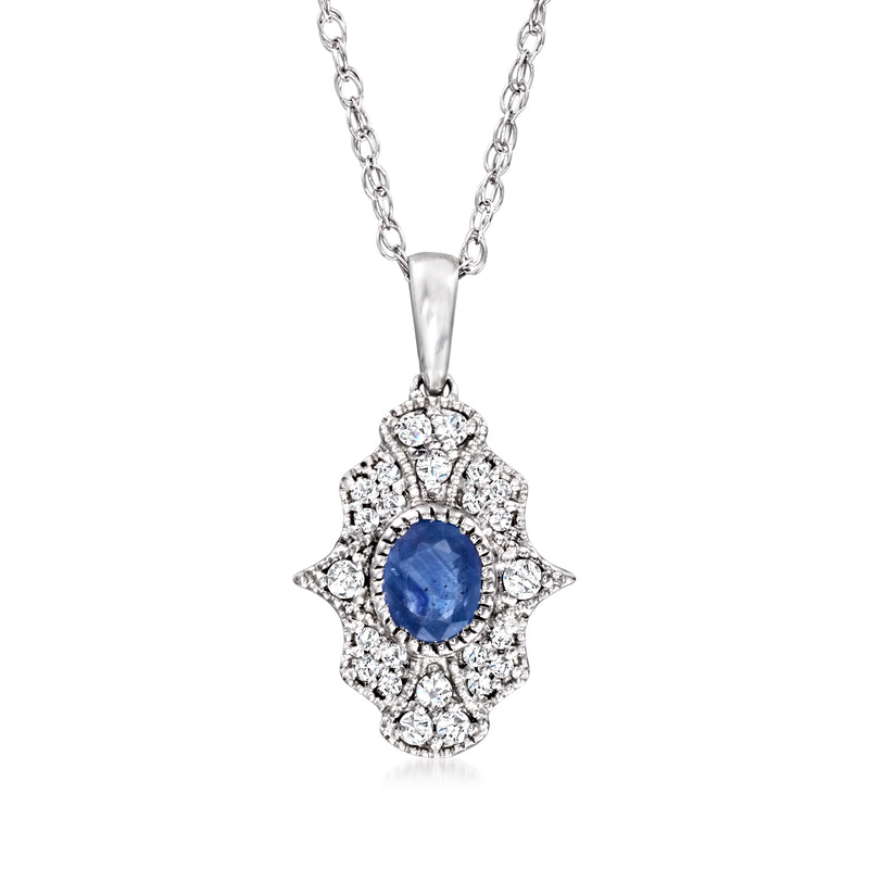 Sterling silver pendant necklace with blue sapphire center and diamond halo, chain included