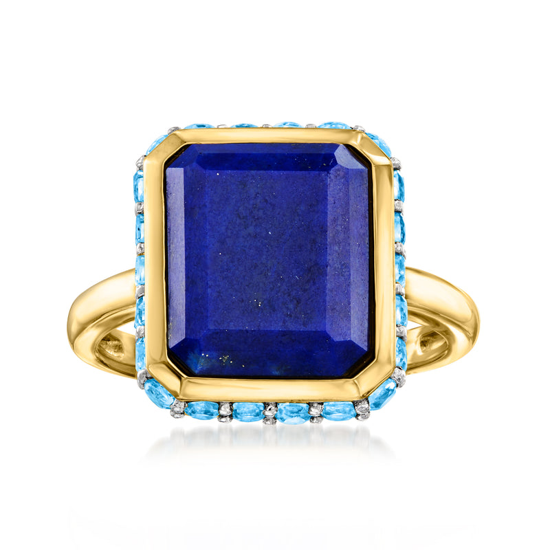 18kt gold over sterling ring with rectangular blue topaz center and blue stone halo