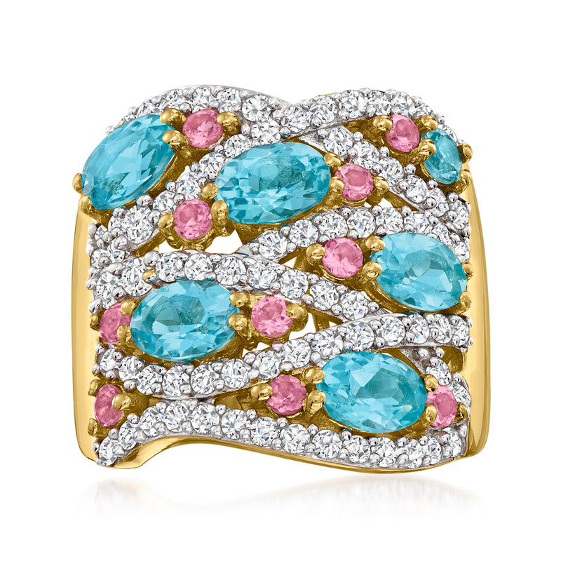 Multi-gemstone oval ring with aquamarine-blue and pink stones, set in gold over sterling