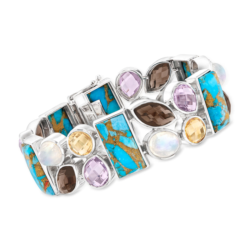 Sterling silver multi-gemstone bracelet with turquoise inlays and round colored stones