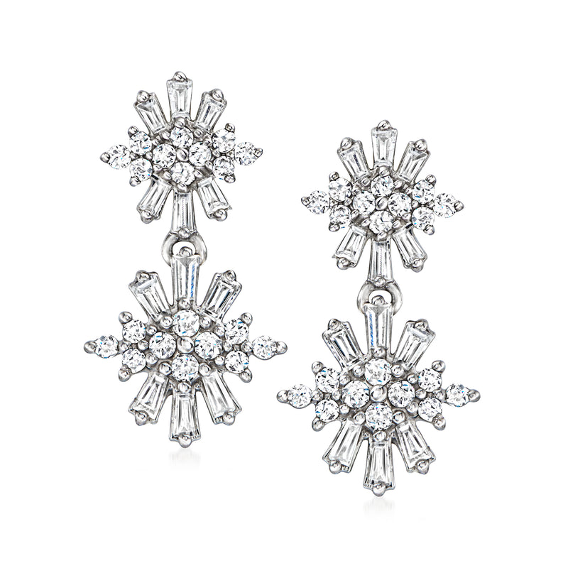 14kt white gold diamond starburst drop earrings with two dangling diamond clusters