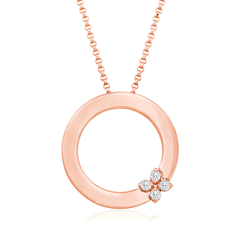 Roberto Coin 18kt rose gold circle pendant necklace with diamonds; open ring, diamond clover charm