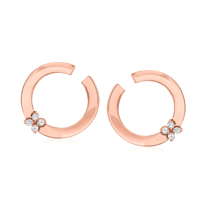 18kt rose gold diamond circle earrings with four-stone flower cluster