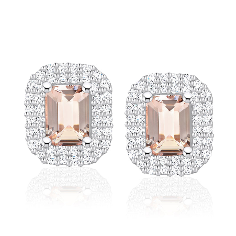 Morganite & diamond halo stud earrings in 14k white gold with cushion-cut morganite