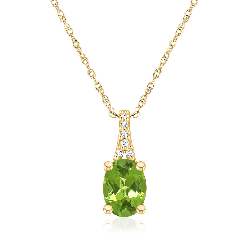 14kt yellow gold peridot pendant necklace with oval green gemstone and diamond accents