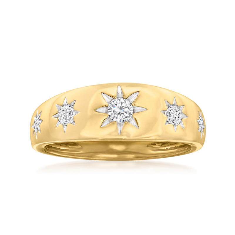 Gold star diamond ring with five round-cut stones on a polished band