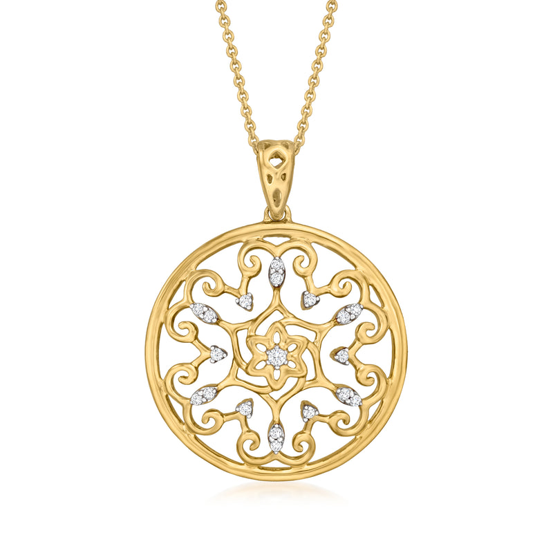 18kt gold over sterling diamond openwork pendant necklace with round floral pendant