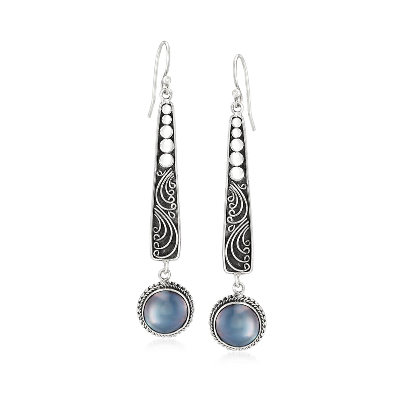 Sterling silver drop earrings with dark round cultured pearl and engraved Bali-style caps