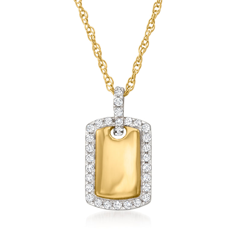 Gold-tone tag pendant necklace with diamond bezel border and clear square center charm