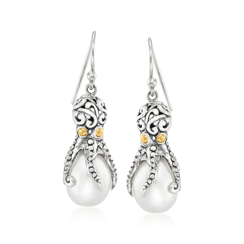 Octopus drop earrings with teardrop cultured pearls, sterling silver and gold accents
