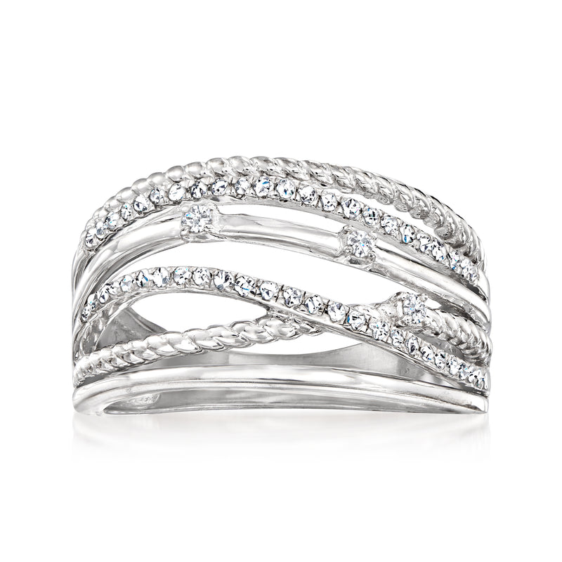 Sterling silver diamond highway ring with three pave rows of round stones