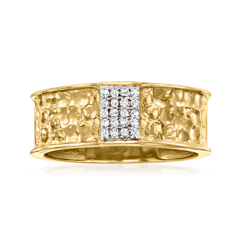 Gold-tone diamond cluster ring with polished hammered bands and a square sparkle center
