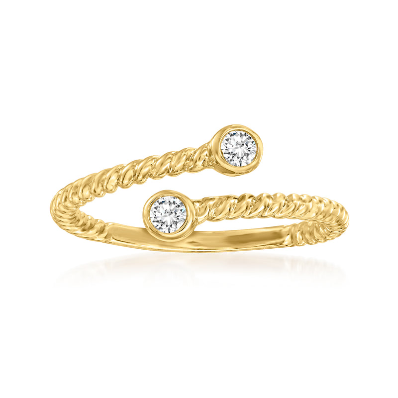 14kt yellow gold rope-texture bypass ring with two round bezel-set diamonds