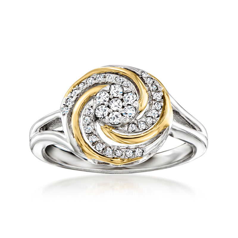 Two-tone sterling silver diamond swirl cluster ring