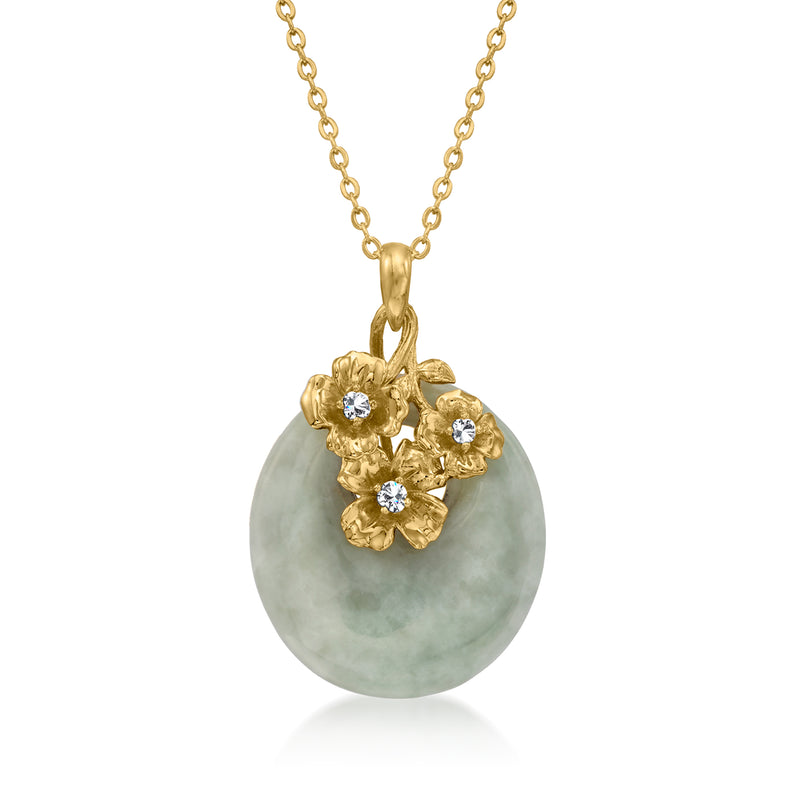 Gold over sterling oval jade pendant with three white topaz flower clusters