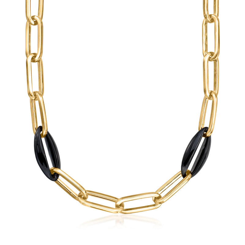Gold paperclip link necklace with black enamel station links