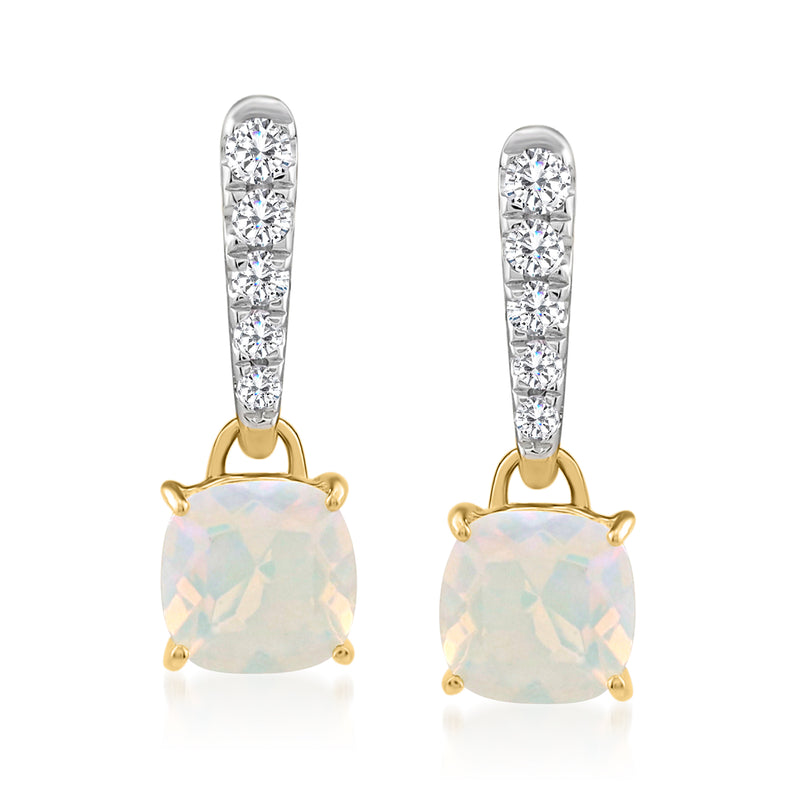 Opal drop earrings with clear stone cluster and cushion opal in 14kt yellow gold