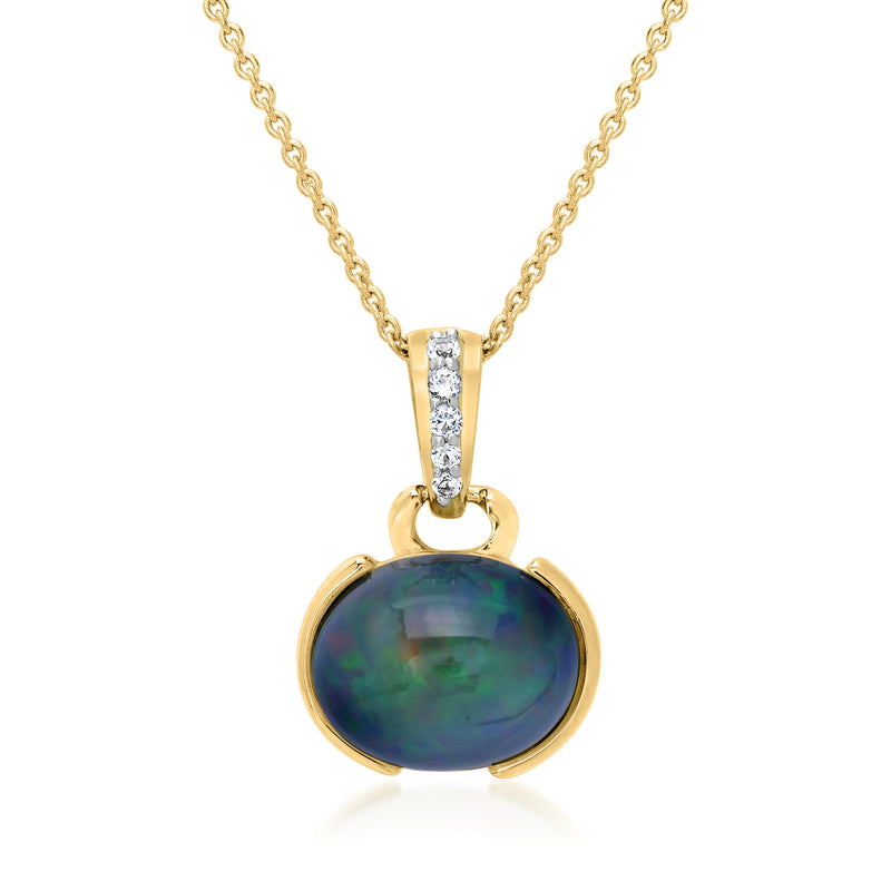 14kt yellow gold pendant necklace with oval dark opal and white topaz accents