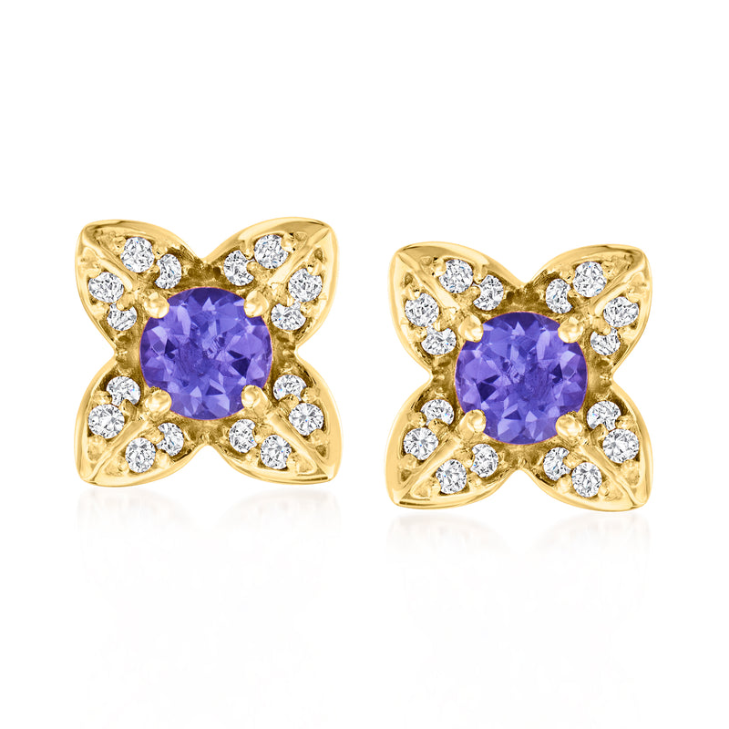 14kt yellow gold tanzanite flower stud earrings, purple center with diamond accents