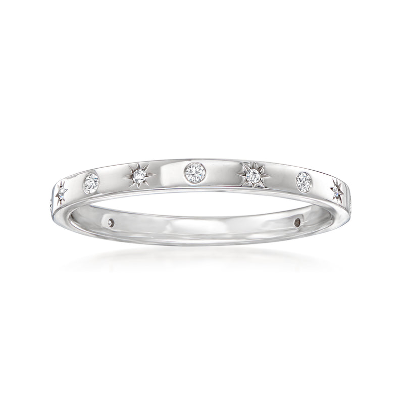 14kt white gold diamond celestial ring with star and round diamond accents