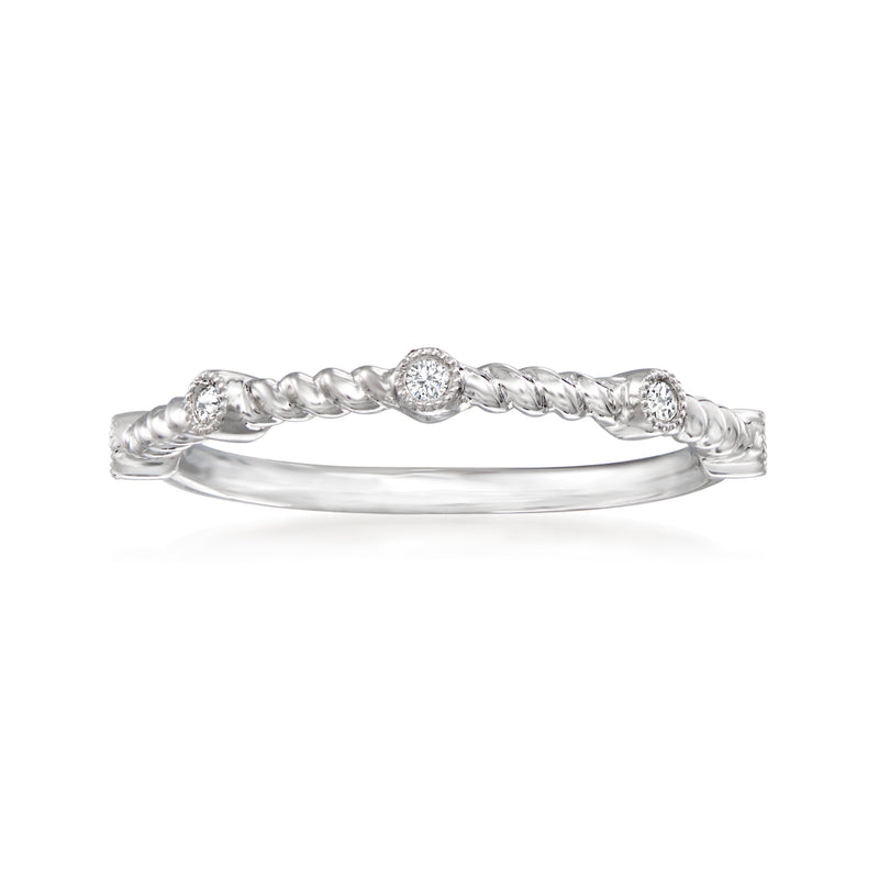 14kt white gold station ring with braided band and round diamond accents