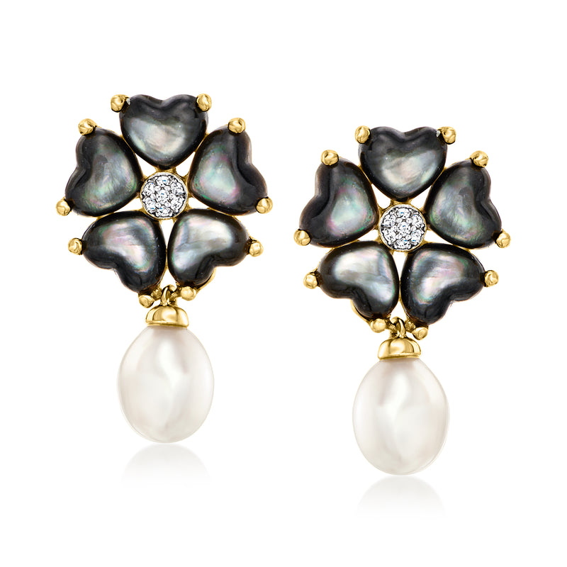 Black mother-of-pearl flower drop earrings with white pearl and diamond-like center, gold.