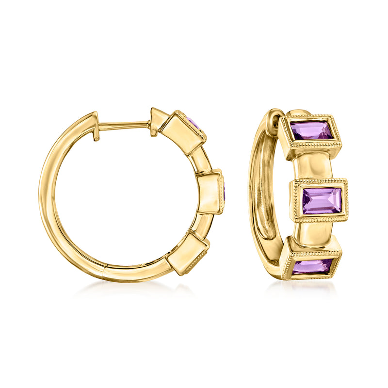 Gold hoop earrings with three square-cut amethyst stones in a three-stone setting