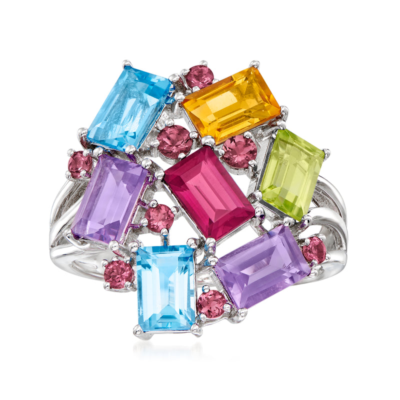 Sterling silver cluster ring with blue, pink, yellow, purple, and green gemstones