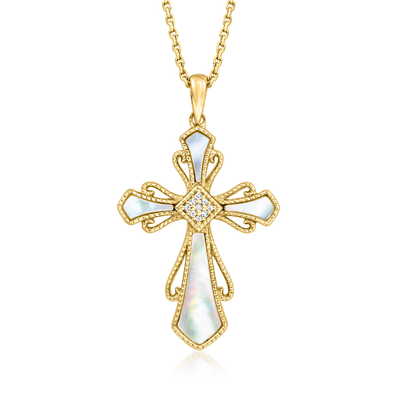 Gold cross pendant necklace with mother-of-pearl inlays and diamond-like stones