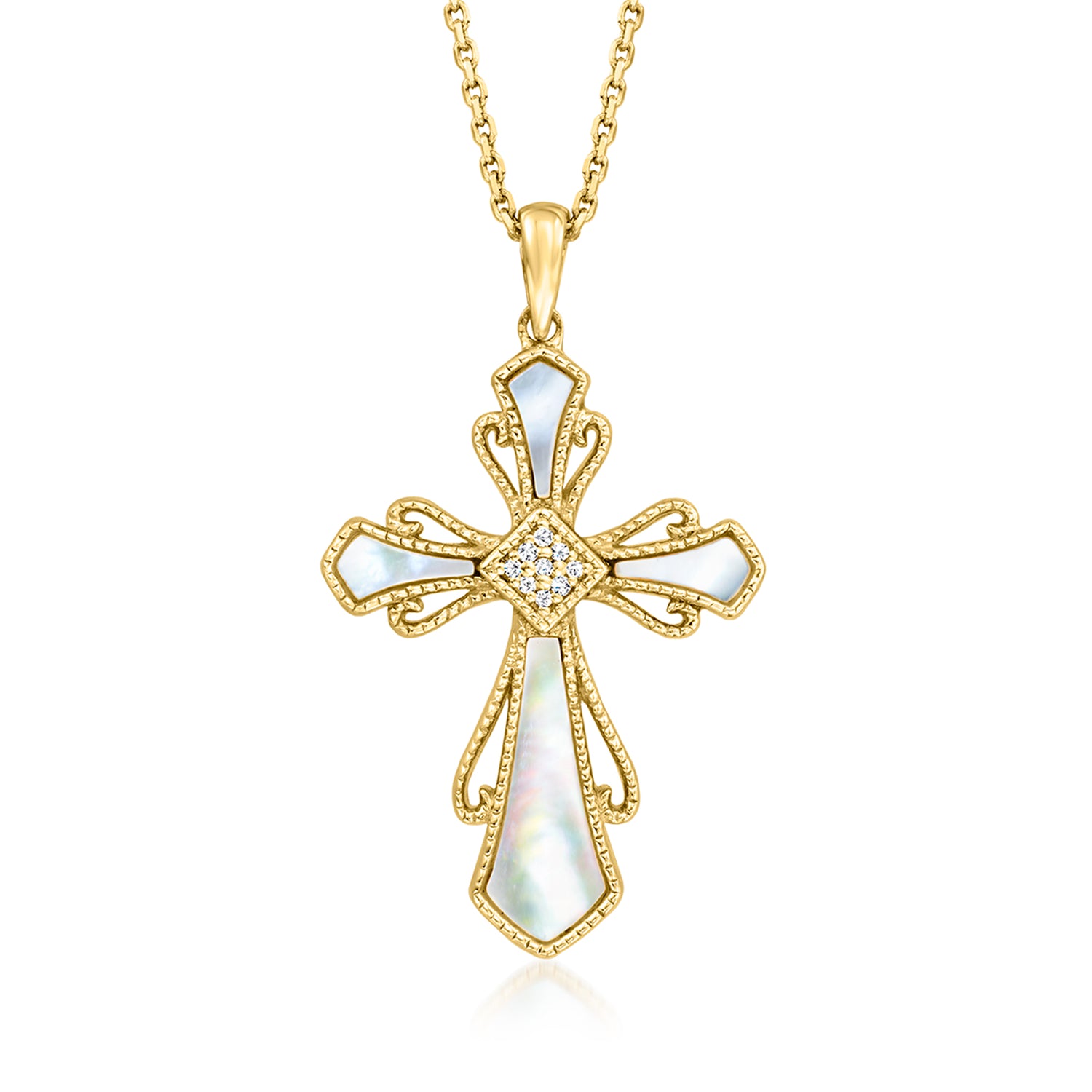 Mother-of-Pearl Cross Pendant Necklace with Diamonds in 18kt Gold Over Sterling
