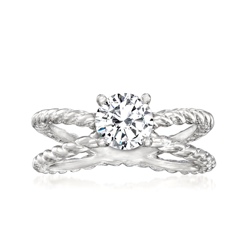 14kt white gold engagement ring setting with twisted split shank and round center stone