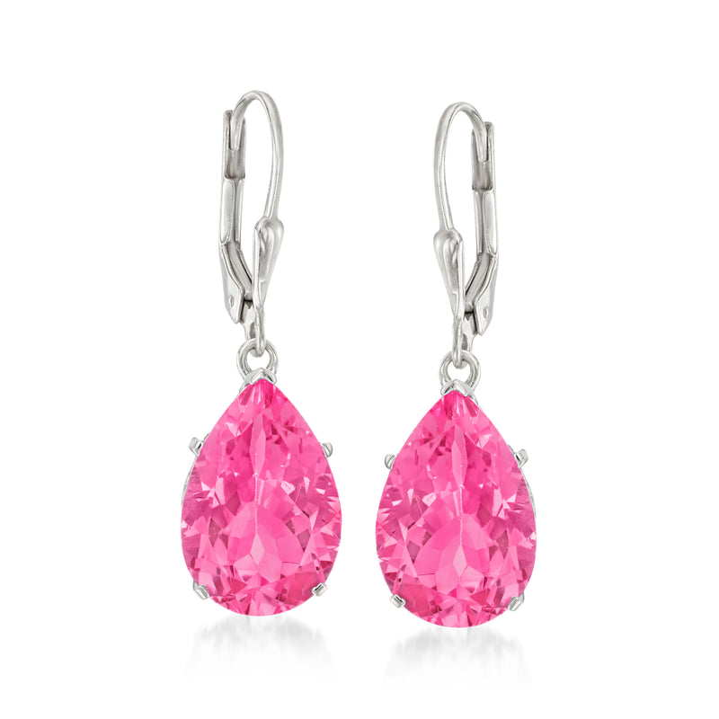 Sterling silver leverback drop earrings with pink teardrop gemstone
