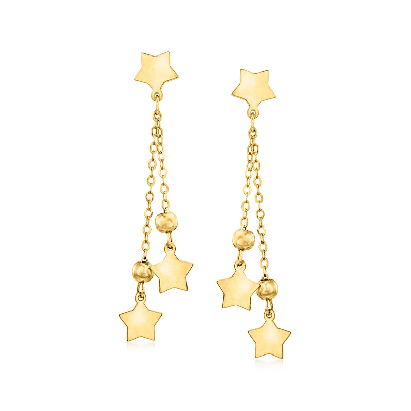 Yellow gold star drop earrings with bead chain and dangling star charms