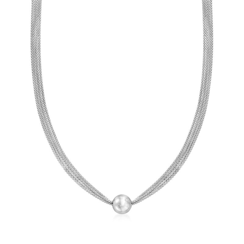 Italian sterling silver popcorn-chain bead necklace with round pearl-like center bead