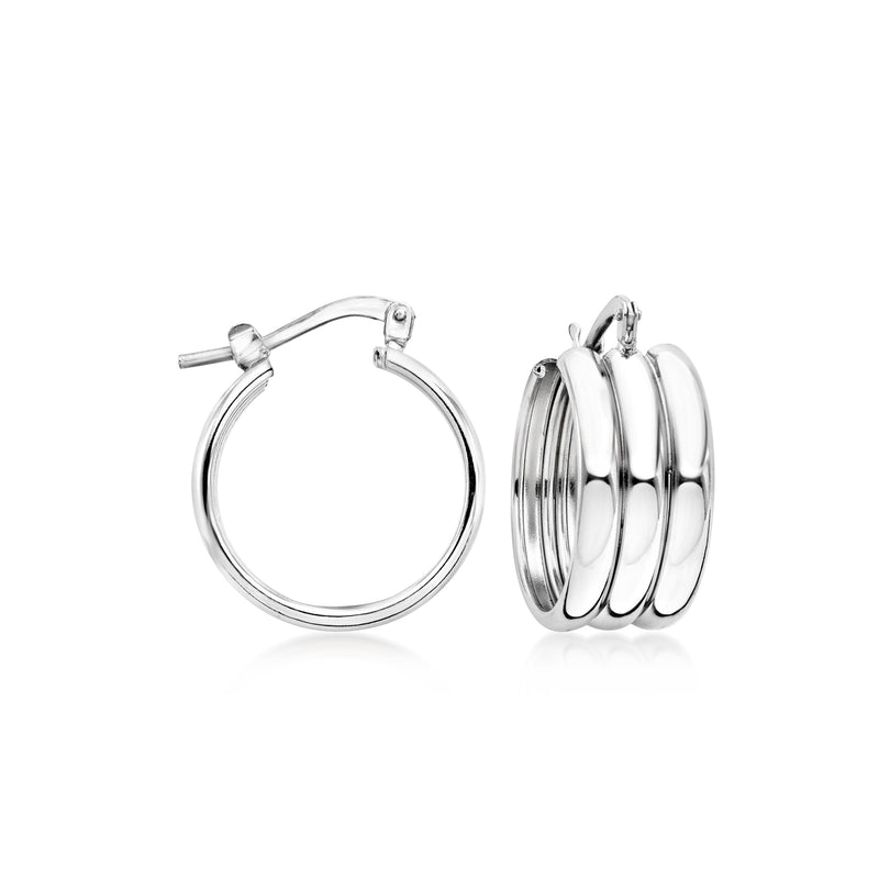 Triple-hoop sterling silver hoop earrings, hinged clasp, shiny polished finish