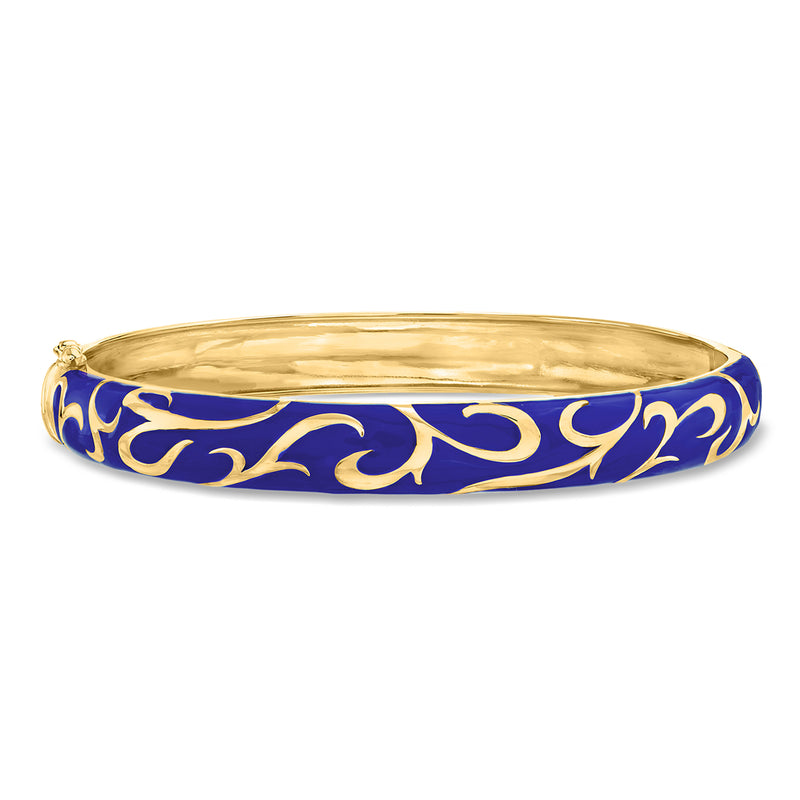 Blue enamel scroll bangle bracelet with gold-tone frame, close-up