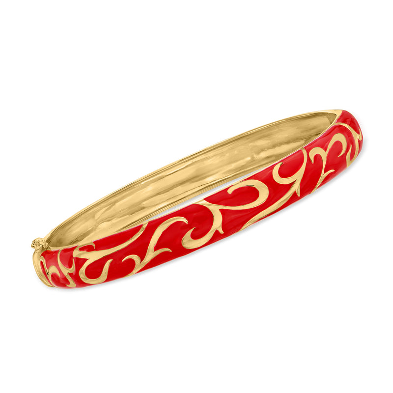 Red enamel scroll bangle bracelet with gold-tone edging
