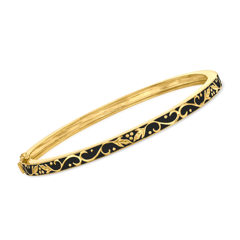 Black enamel bangle bracelet with gold filigree detailing, 18kt gold over sterling.
