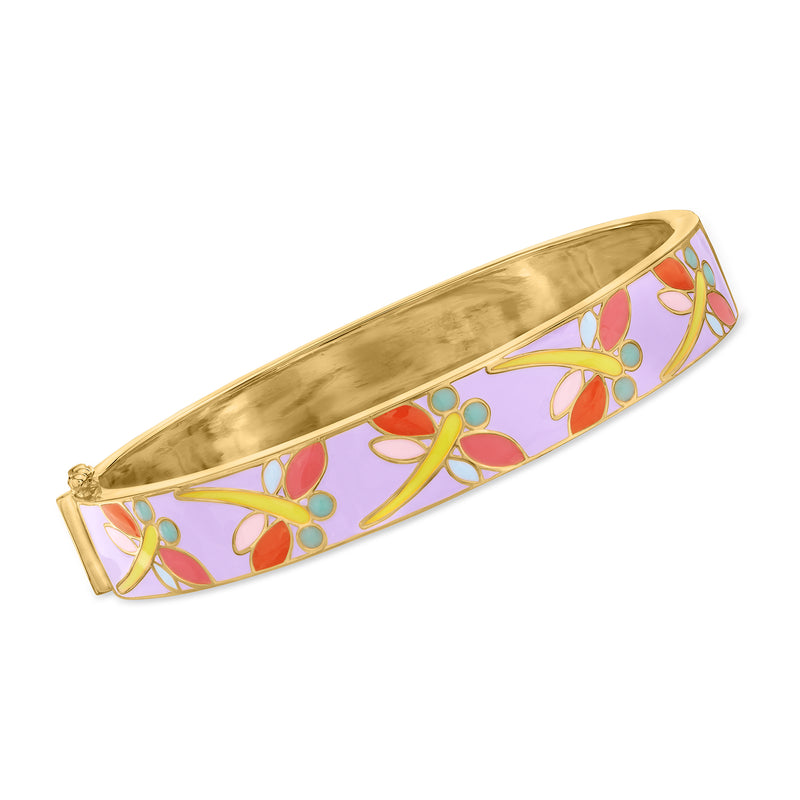 Gold-tone enamel bangle bracelet with purple base and multicolor dragonfly motif