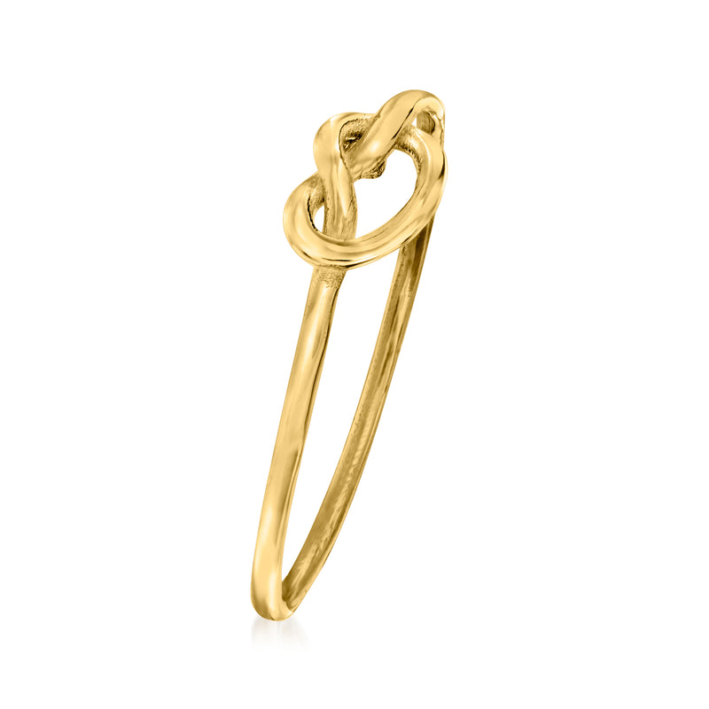 14kt yellow gold love-knot ring, angled view with thin band