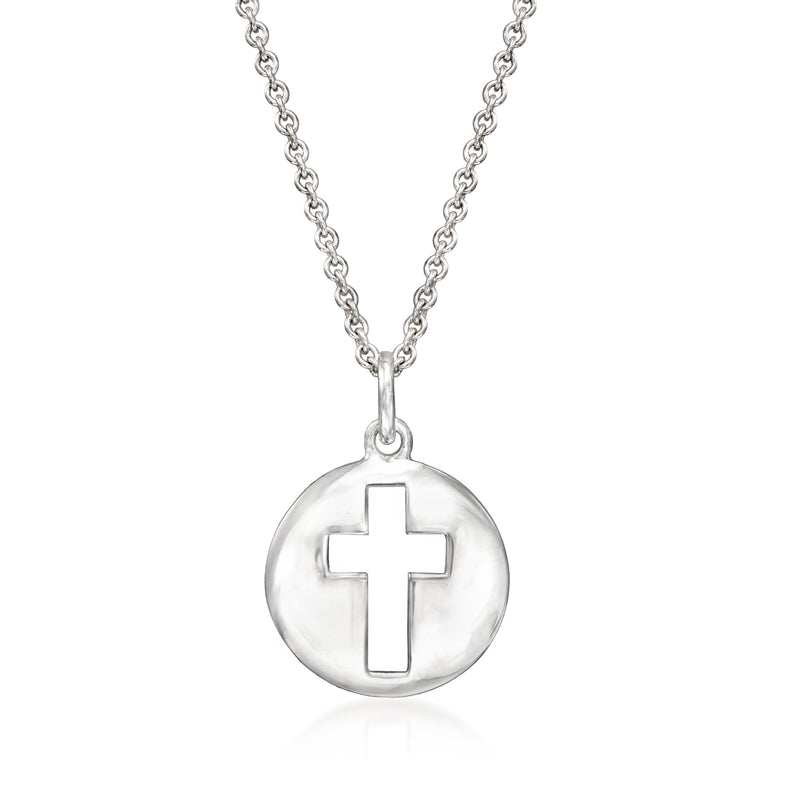 Sterling silver cross token pendant necklace, round disc with cross charm