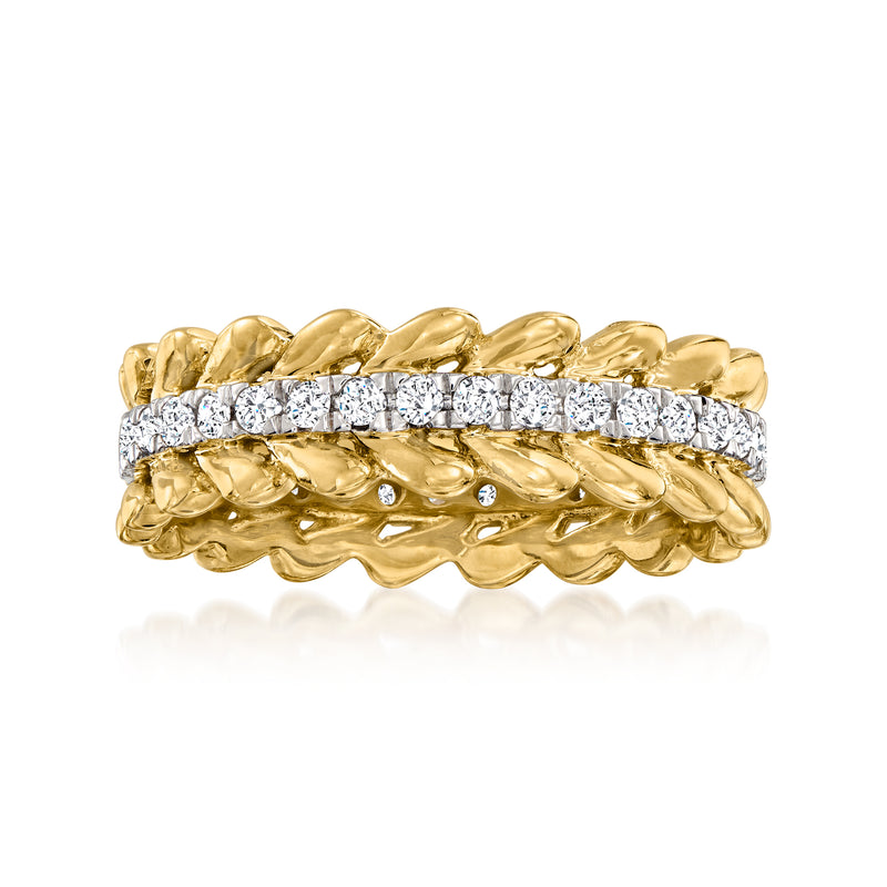 18kt gold over sterling diamond chevron ring with clear round stones, gold textured band
