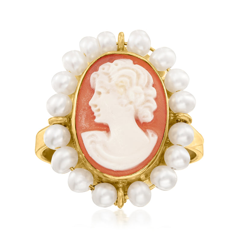 Orange cameo ring with white cultured pearls and 18kt gold over sterling setting