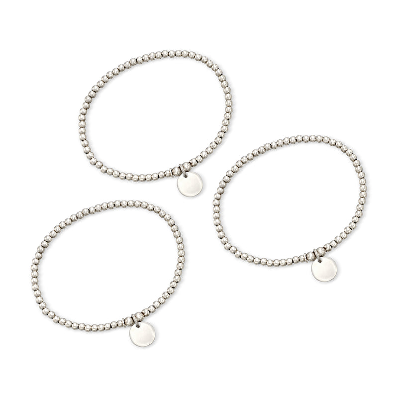 Three sterling silver beaded bracelets with small round disc charm beads