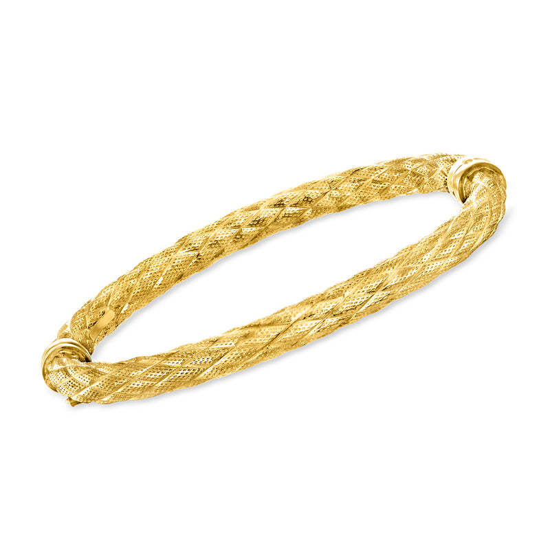 Gold-tone crosshatch bangle bracelet with ridged mesh texture and rounded end clasp