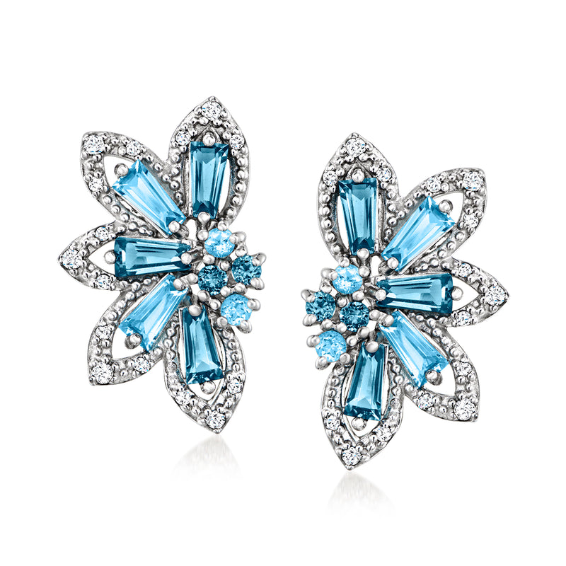 Sterling silver floral earrings with blue topaz marquise stones and diamond accents
