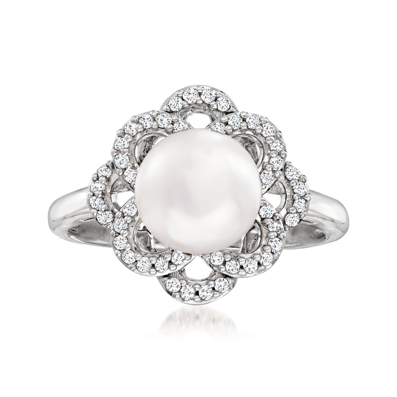 Sterling silver cultured pearl ring with large white pearl and diamond halo