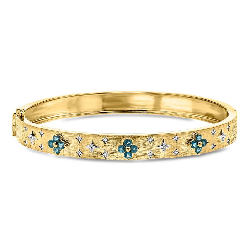 18kt gold over sterling bangle bracelet with blue topaz floral clusters and diamond accents