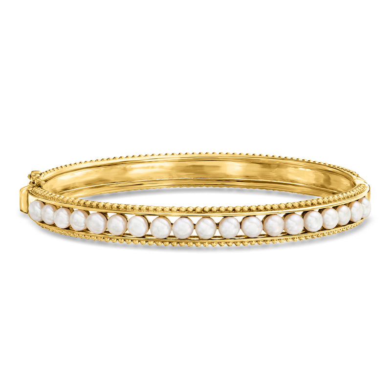 18kt gold over sterling bangle with 3.5–4mm round white cultured pearls